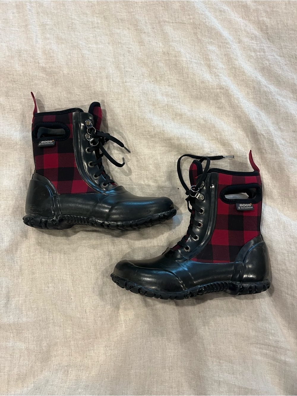 Bogs Black and Red Buffalo Plaid Lace-Up Waterproof Boots